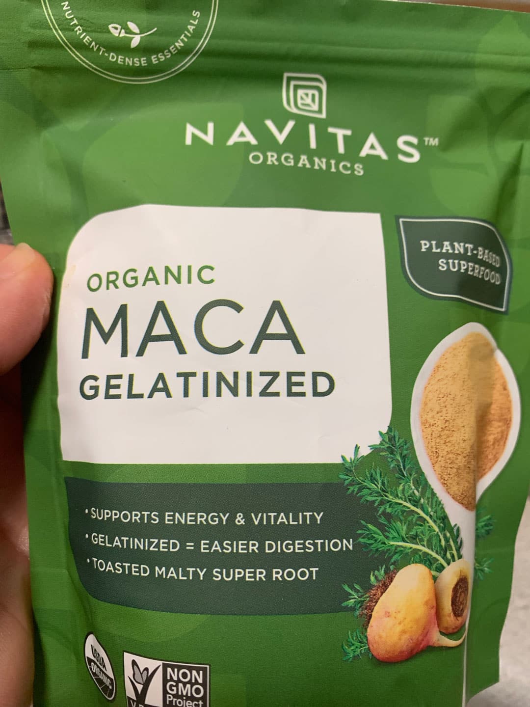 bag of Navitas brand organic gelatinized maca powder