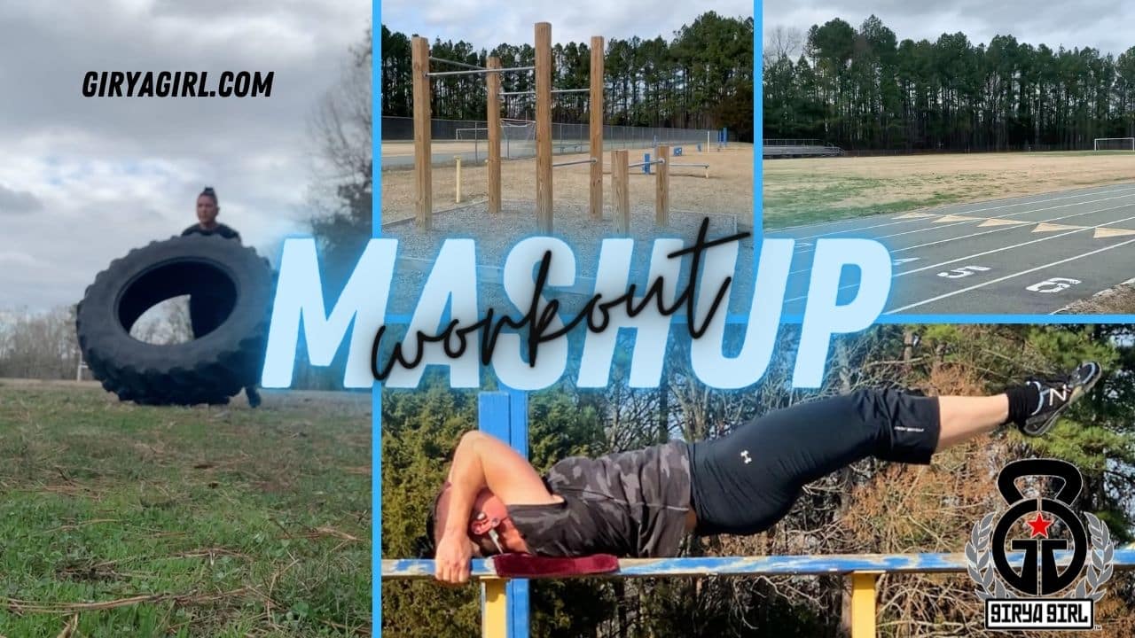 Collage title plate for an advanced mashup workout - photos of pullup bars, running track, dragonflag, tire flips