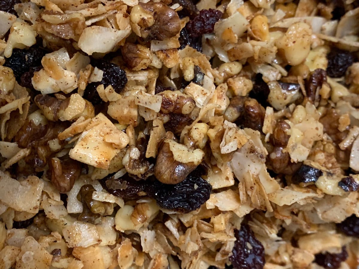 Close up image of this grain free granola recipe showing the texture and spices