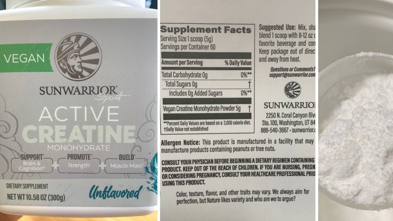 Sunwarrior Active Vegan Creatine Package, nutrition label and scooped product