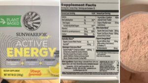 Sunwarrior Active Energy Package, nutrition label and scooped product