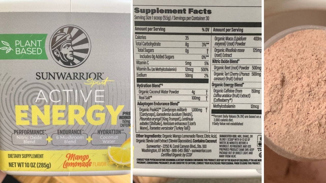 Sunwarrior Active Energy Package, nutrition label and scooped product