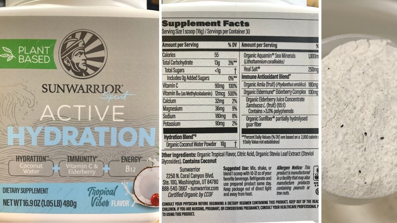 Sunwarrior Active Hydration Package, nutrition label and scooped product