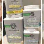Sunwarrior Active Product Line Packaging and individual scoops of Active energy, Active protein (vanilla), Active vegan creatine, Active Hydration