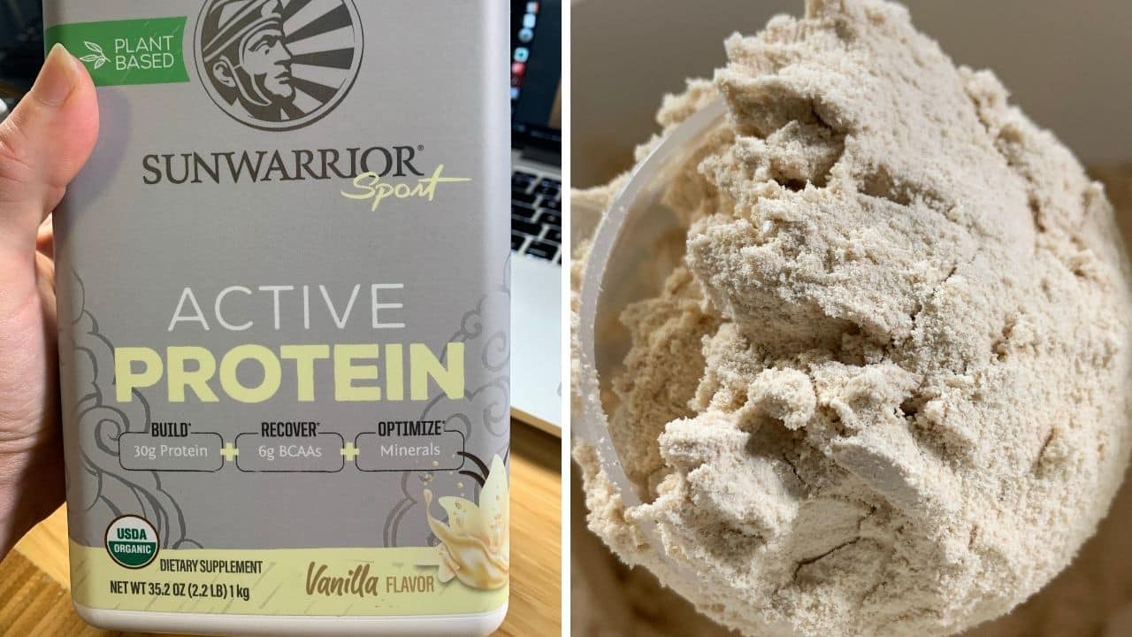 Package of Sunwarrior Active Protein with a scoop of the product