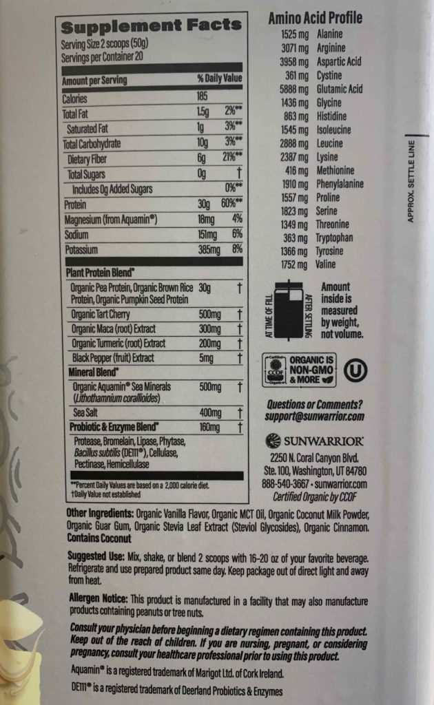 Nutrition Facts Label for Sunwarrior Active Protein Powder