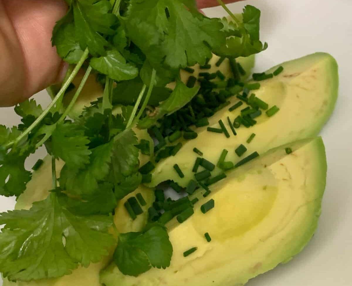 Fresh grown cilantro and chives on top of a sliced avocado