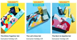 Three of the Fré Holiday artist designed gift boxes full of high quality skincare deals!