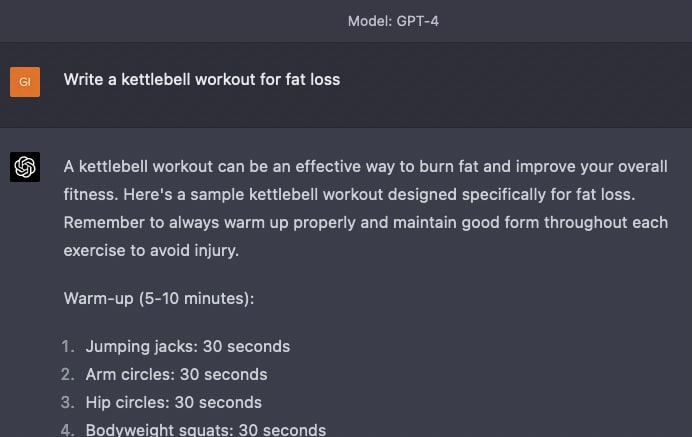 Screenshot in ChatGPT-4 with the prompt and generated workout which is transcribed in the text below