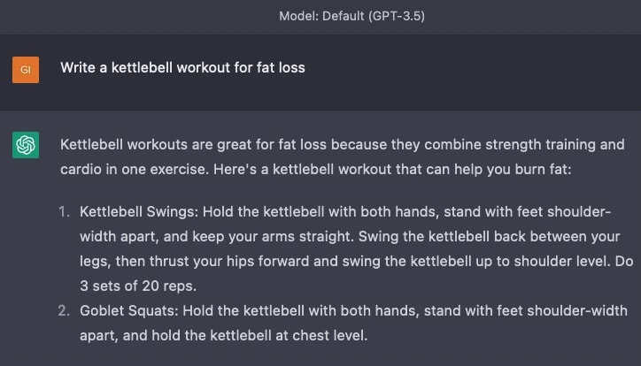 Screenshot of a partial ChatGPT response to a prompt for generating a kettlebell workout for a fat loss goal