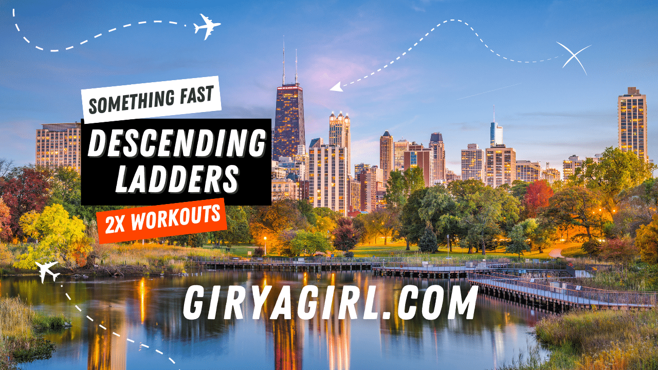 Two Descending Ladders workouts - including a travel workout intro image with Chicago skyline background