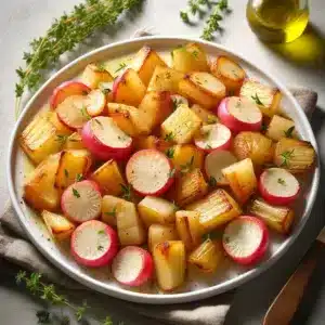 DALL-E generated image of a plate of roast celery root and radishes
