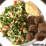 Mediterranean Dinner Idea: Cauliflower Rice Tabouli Hummus, kibbi spiced beef