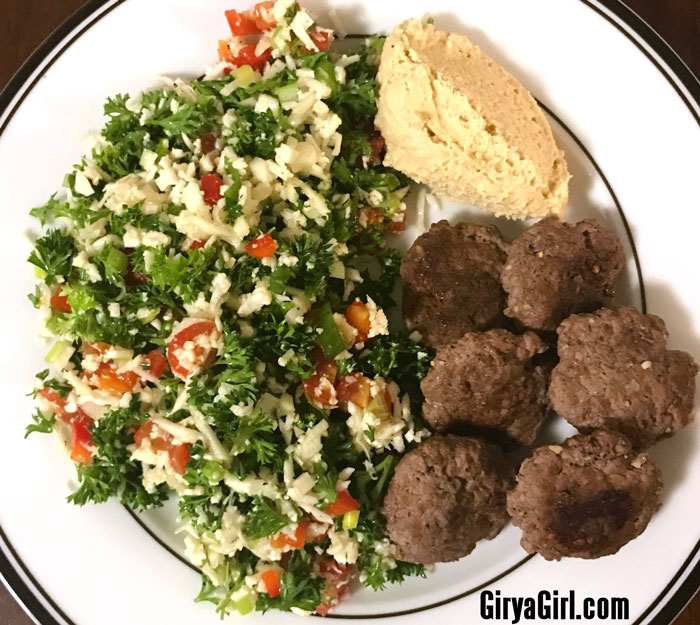 Mediterranean Dinner Idea: Cauliflower Rice Tabouli Hummus, kibbi spiced beef